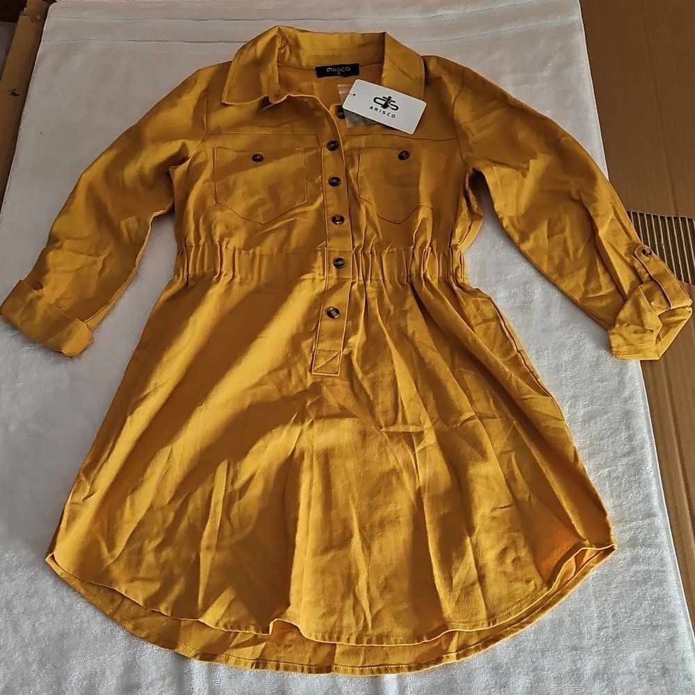 Arisco Yellow Collared Shirt Dress Linen Button 3/4 Roll Tab‎ Sleeve Knee S